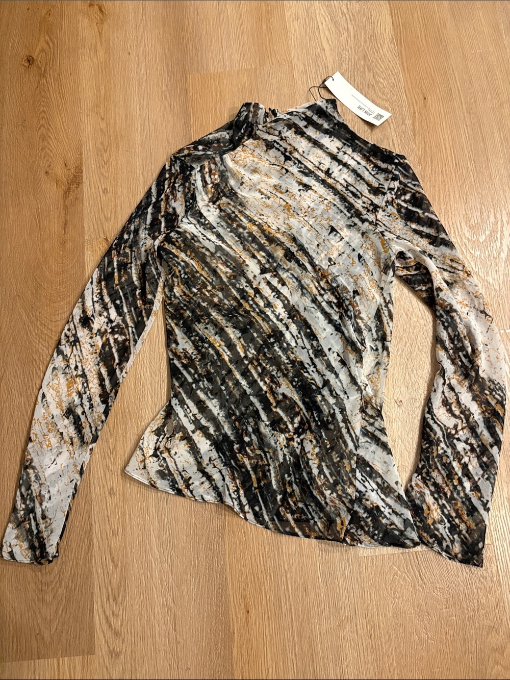 ZARA Marble-Print sheer Long Sleeve Mesh Top in Black White Gold